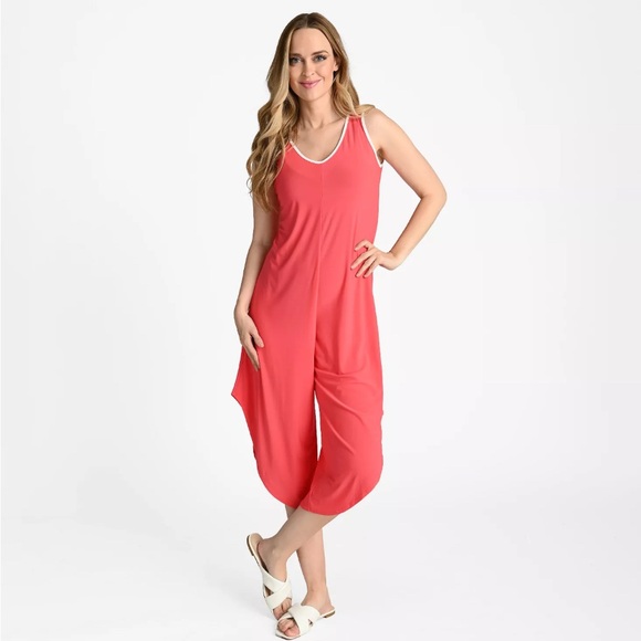 TIANA B Coral Sleeveless wide leg jumpsuit with White Trim - Picture 3 of 12